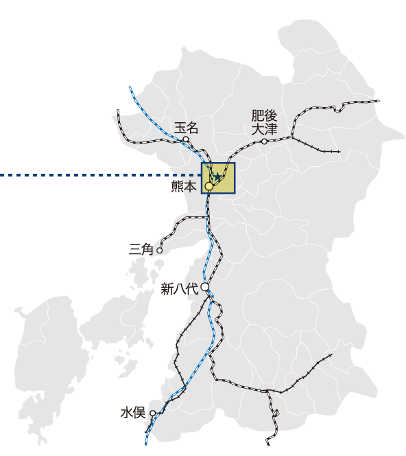 熊本県内の鉄道路線と真和中学・高等学校の位置図